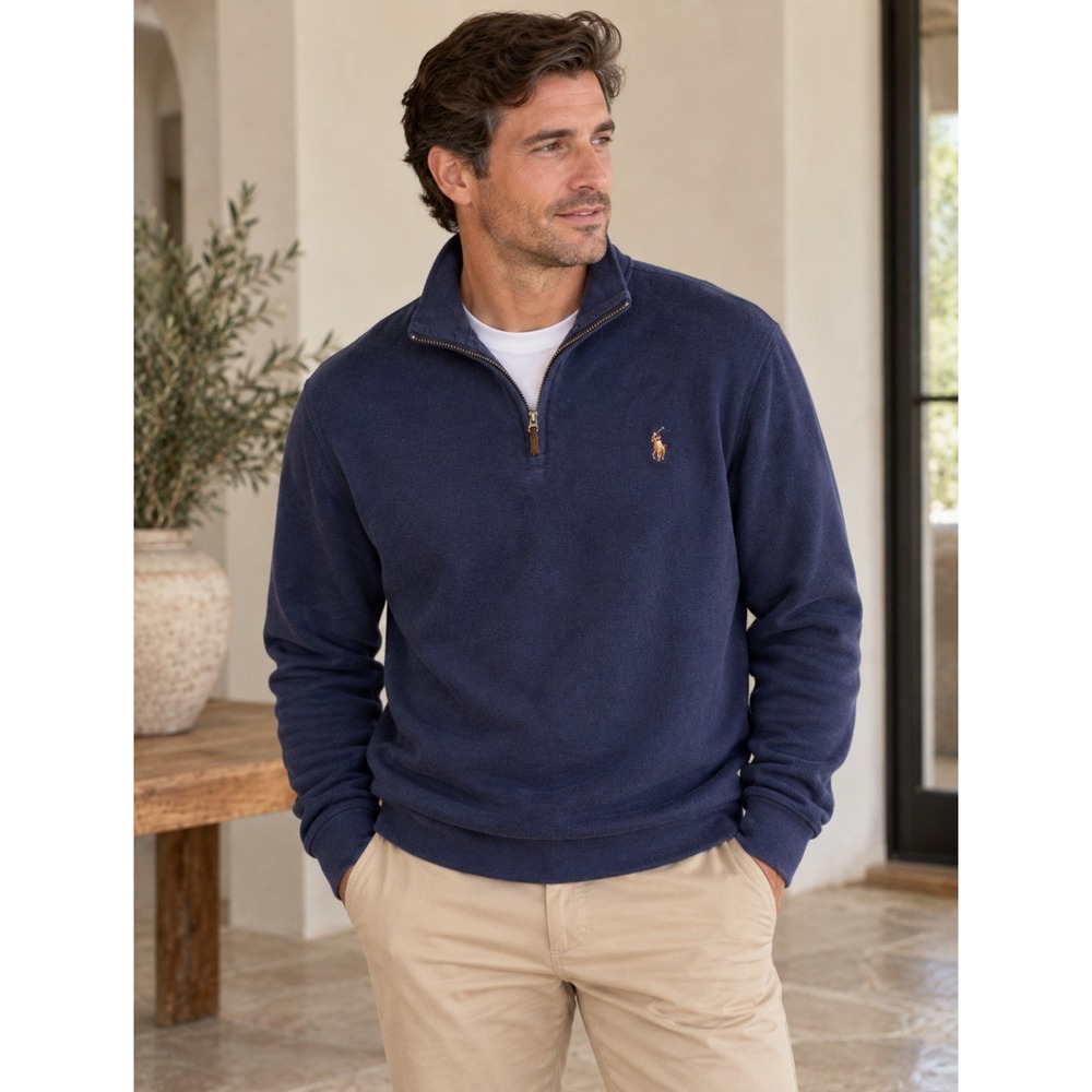 Polo Ralph Lauren Estate Rib Quarter Zip Pony Pullover Navy Blue Cotton Mens XL